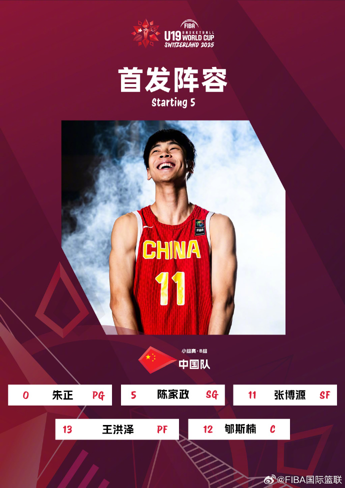 中国U19男篮vs加拿大首发：朱正、陈家政、张博源、王洪泽、郇斯楠